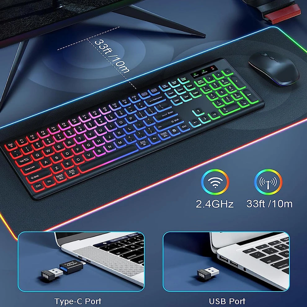 Conjunto de teclado e rato sem fios com retroiluminação RGB, letras iluminadas recarregáveis, tamanho completo, ergonómico, modo de suspensão, 2.4GHz