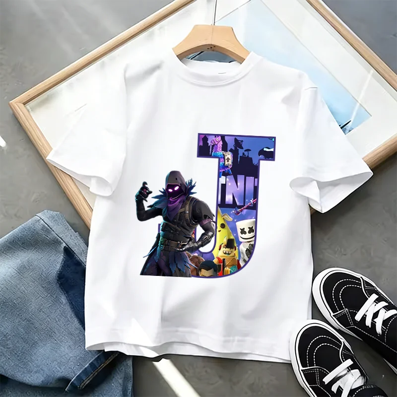 T-shirt Infantil Branco Fortnite com Estampado Alfabeto A-Z — Roupa de Verão, Jogo de Desenhos Animados Popular, Manga Curta Casual, Presente de Moda