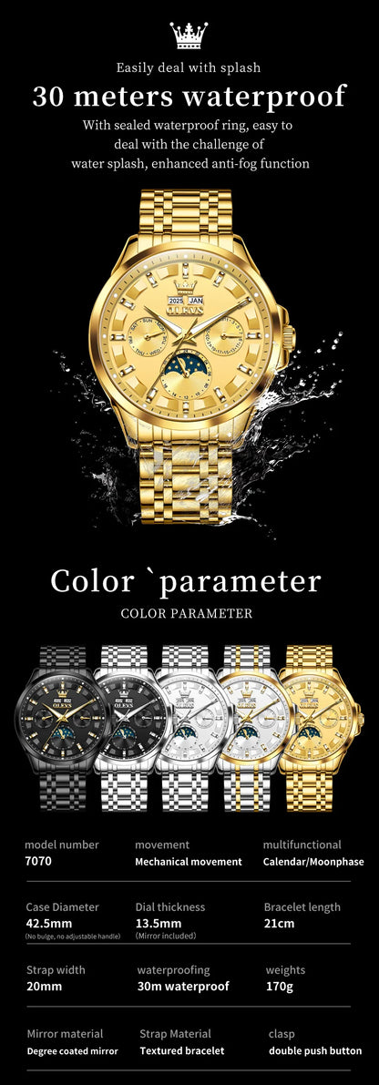 OELVS 7070 New Mens Watch Luxury Automatic Mechanical Watches For Man Moon Phase Waterproof Luminous Steel Watch Gift Box Reloj