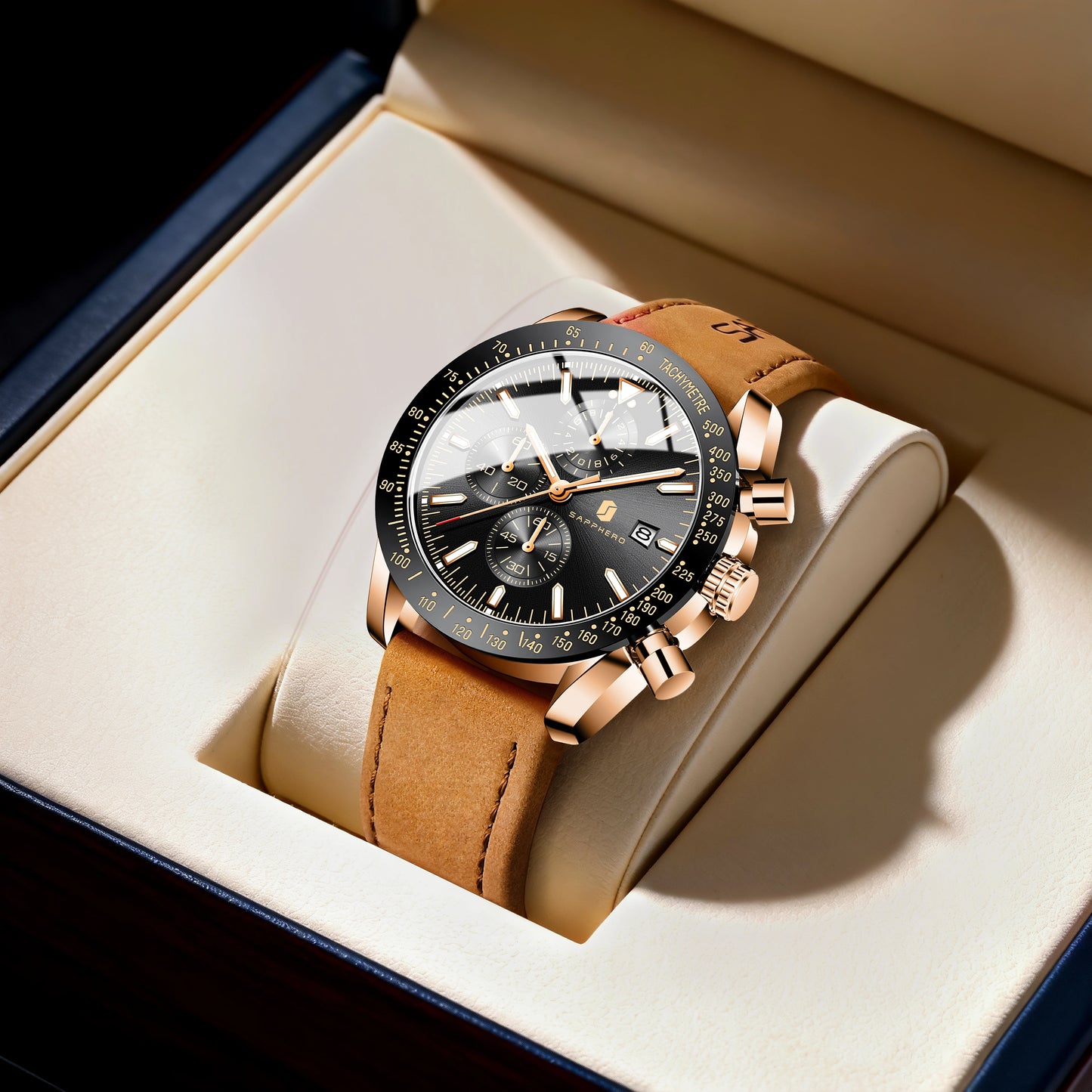 SAPPHERO Men Chronograph Watch High Precision Quartz Movement Blue Dial Date Display 50M Waterproof Luxury Sport Wristwatch Gift