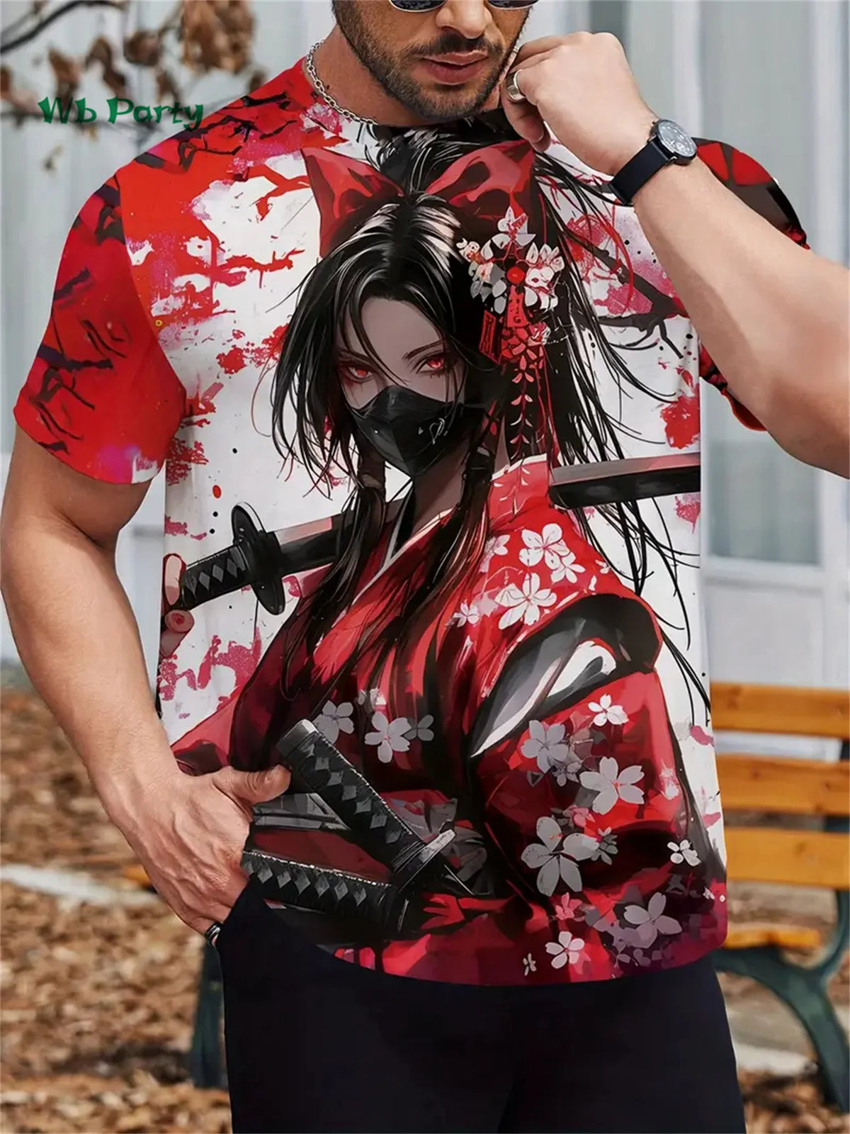 Maglietta da uomo con motivo Sakura Samurai - Maglietta a maniche corte ispirata agli anime giapponesi - Top Harajuku - Abbigliamento casual oversize estivo da uomo