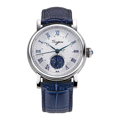 Sugess Watches for Men Automatic Mechanical Watch Moonphase Tianjin ST2108 Waterproof Date Hands Sapphire Crystal Rome Wave Dial