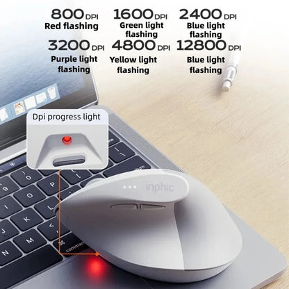 Inphic X9 PRO Vertical Wireless Mouse, Ergonomic Silent Bluetooth & 2.4G Rechargeable Mouse with Type-C Fast Charging, 12800 DPI for Laptop, PC & Gaming