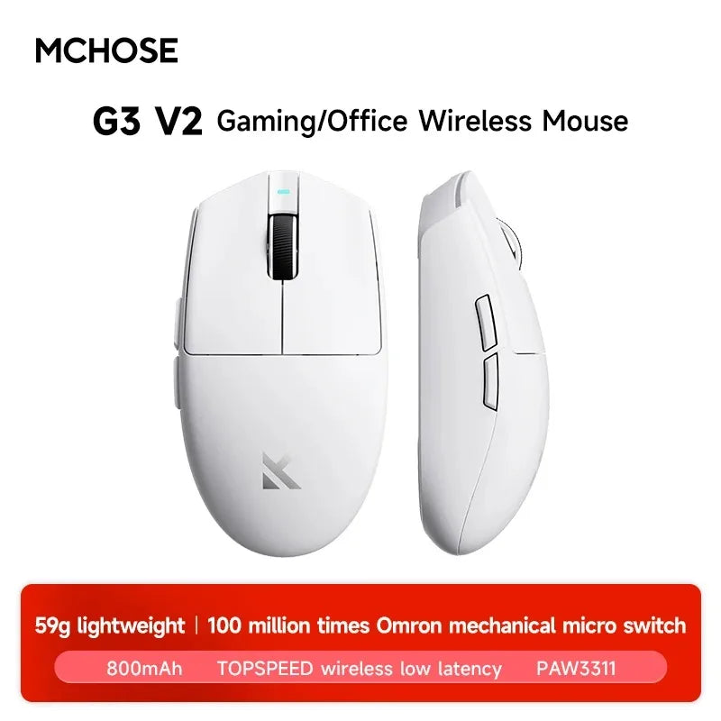 MCHOSE G3 V2 Pro Wireless E-sports Mouse Lightweight Three Mode Bluetooth PAW3395 High Performance 800mAh Game Office 59g Mouse