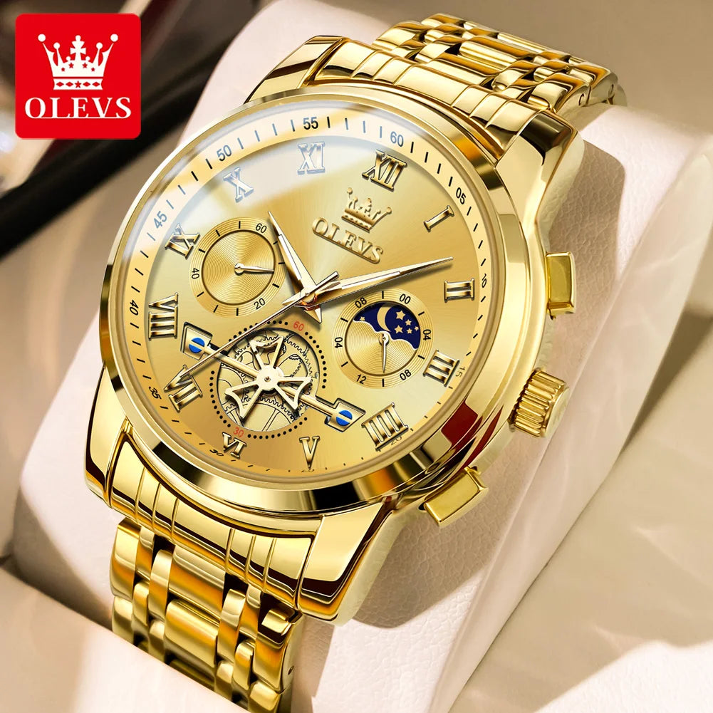 Relógio de homem OLEVS 2859 – Modelo clássico e luxuoso com algarismos romanos, multifunções, resistente à água, mostrador luminescente, movimento de quartzo de alta qualidade.