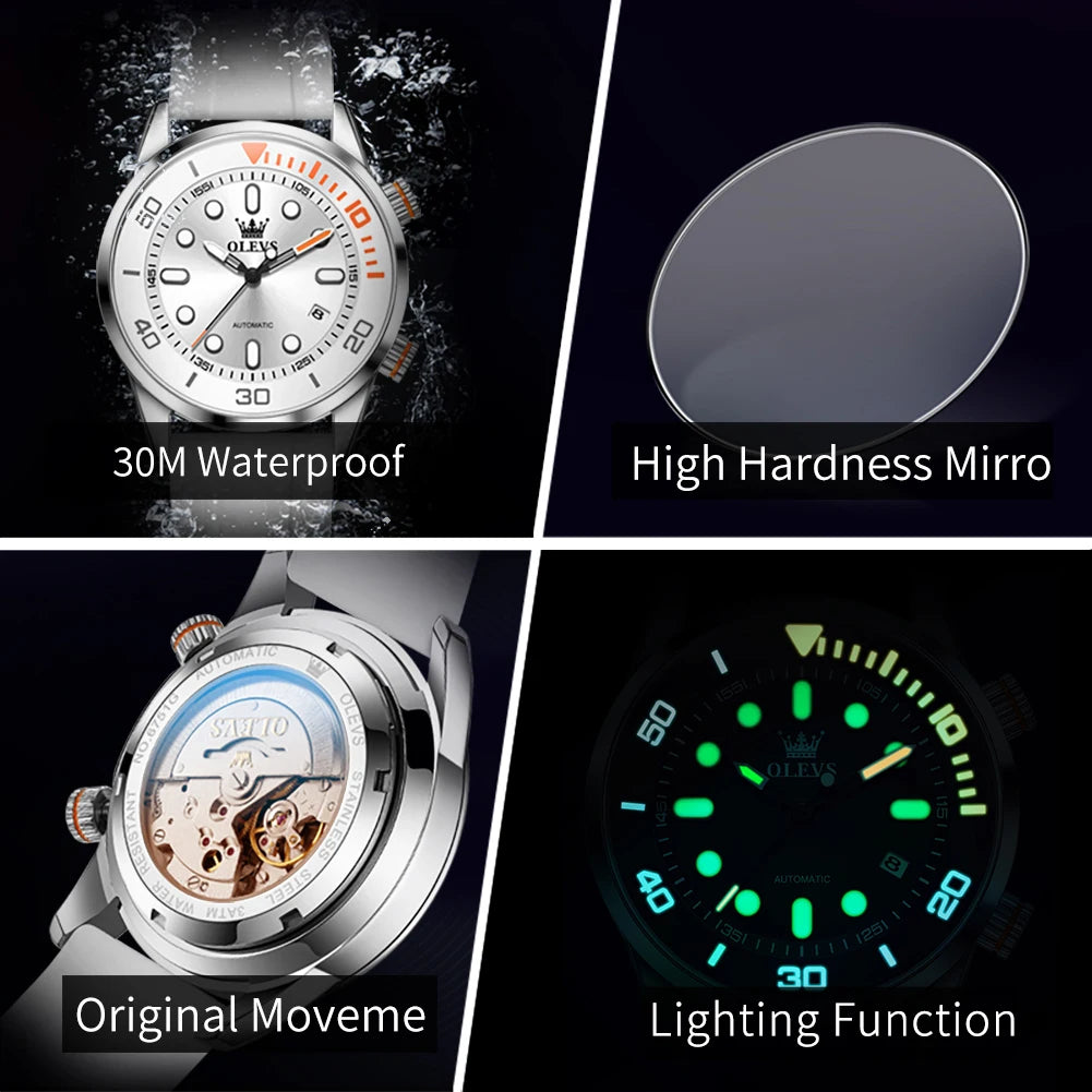 OLEVS Automatic Men's Watches Luxury Top Brand Green Water Ghost Diving Series Silicone Strap Original Mechanical Man Watch 6751