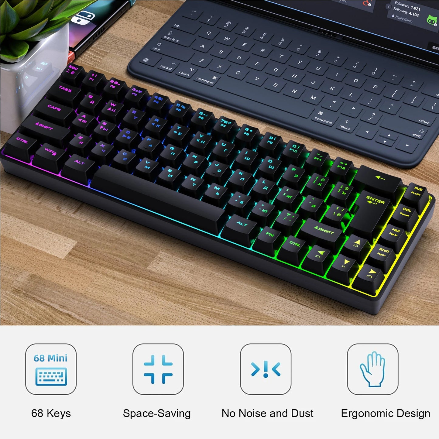 Tastiera meccanica gaming 68 tasti russo-inglese, tastiera bilingue con retroilluminazione RGB per il gaming