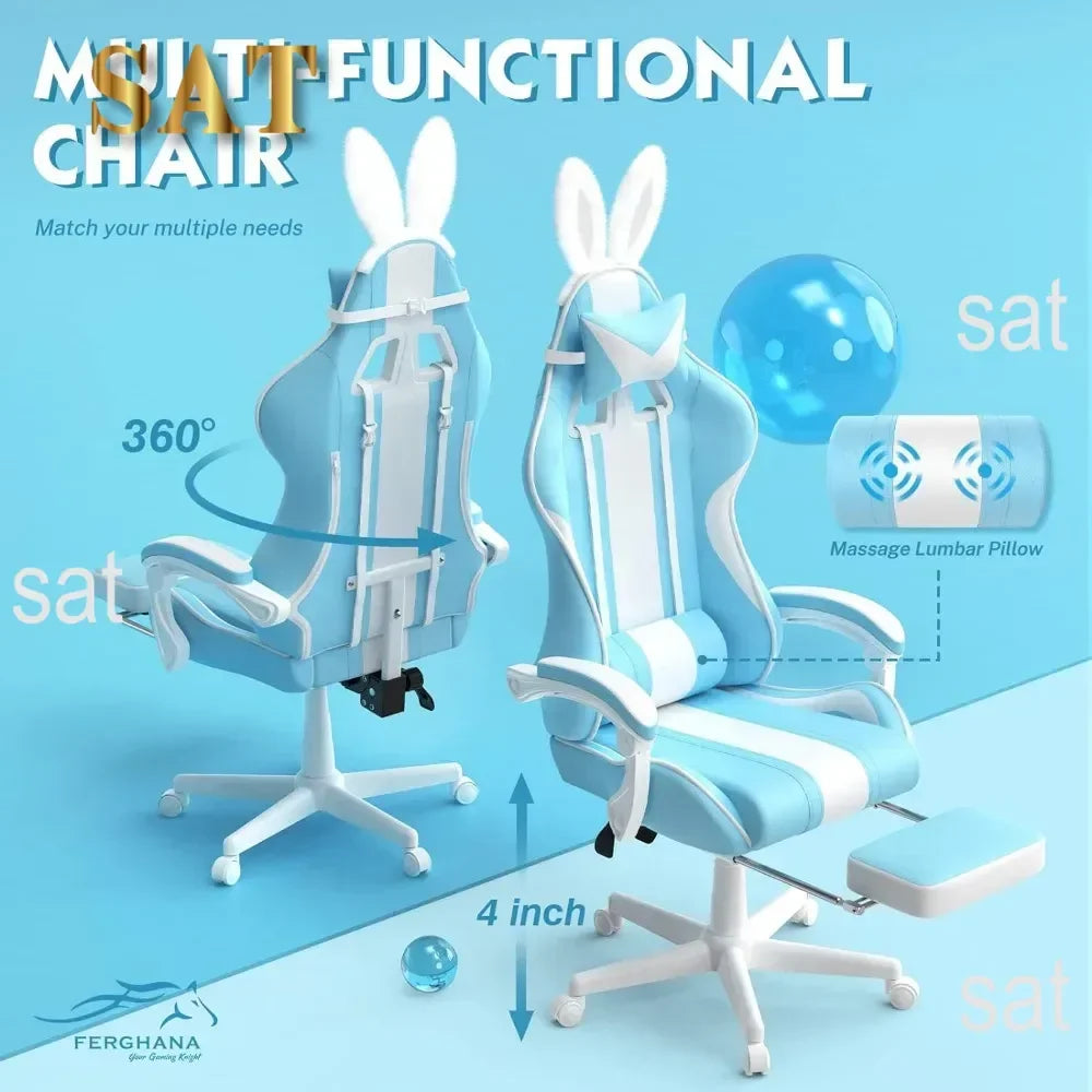 #For Kawaii Light Blue Gaming Chair with Bunny Ears, Ergonomic Cute Gamer Chair with Footrest and Massage, Racing Reclining&