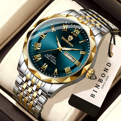 Orologio da polso di lusso al quarzo BINBOND Original Brand da uomo, luminescente, impermeabile, data automatica, indicazione del giorno della settimana, stile casual.