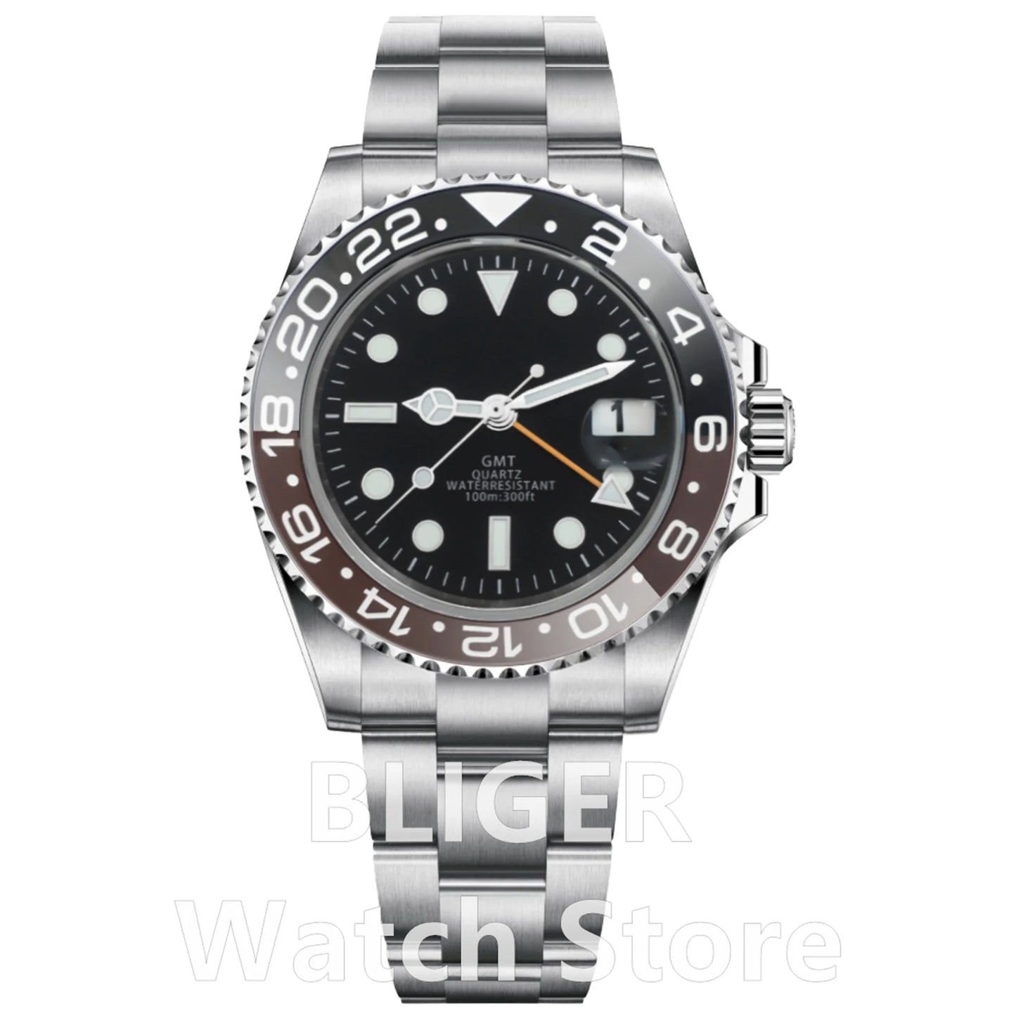 BLIGER 40mm 515 24H GMT Men's Watch Stainless Steel Clasp Luminous Quartz Movement Ceramic Bezel Sapphire Glass 10Bar Waterproof