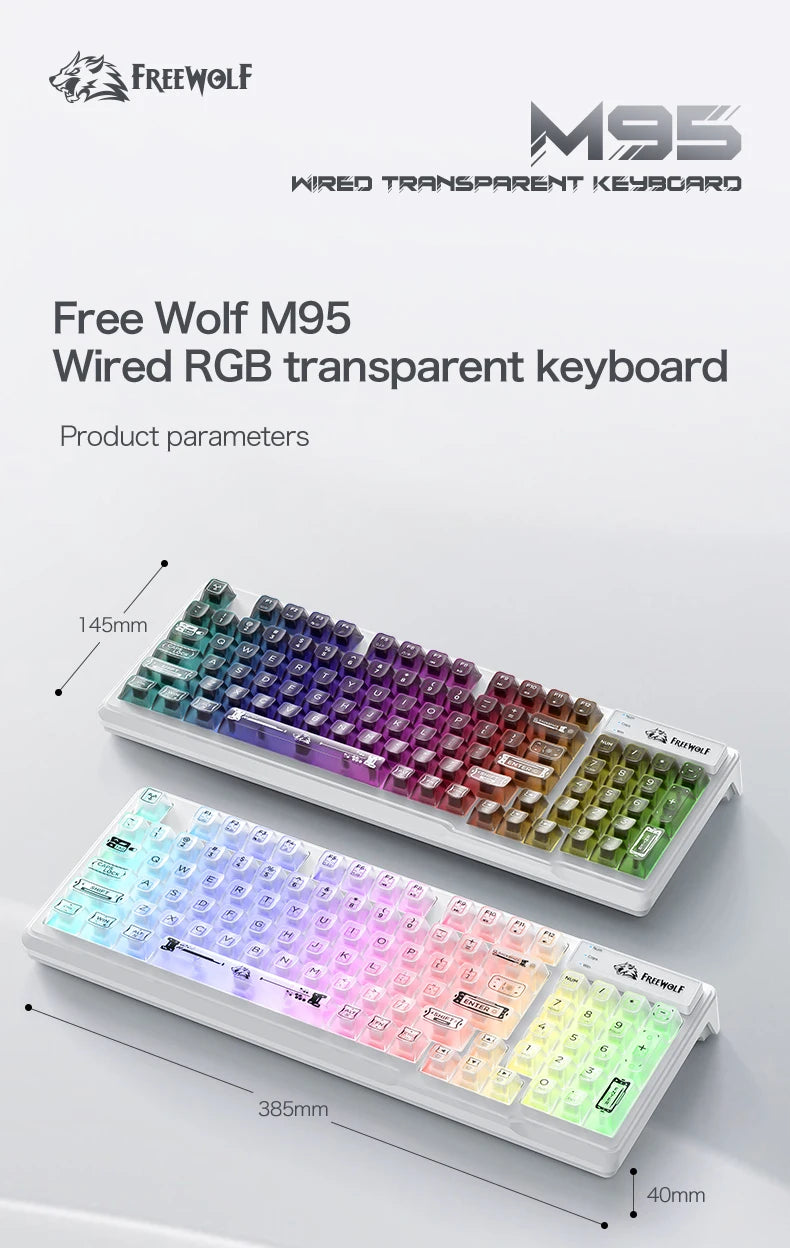 Tastiera cablata FREEWOLF M95 con design trasparente RGB, ideale per diversi scenari come gaming e lavoro d’ufficio
