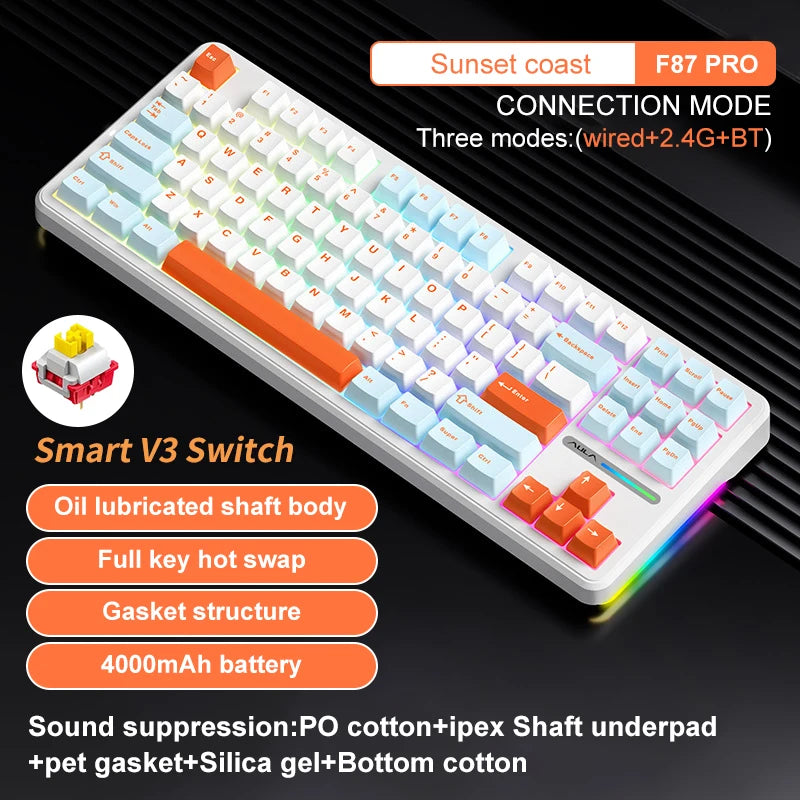 AULA F87 Pro Wireless Mechanical Keyboard 87 Keys Bluetooth 2.4G Wired Gaming Keyboard RGB Hotswap Gamer Non-contact Keyboard