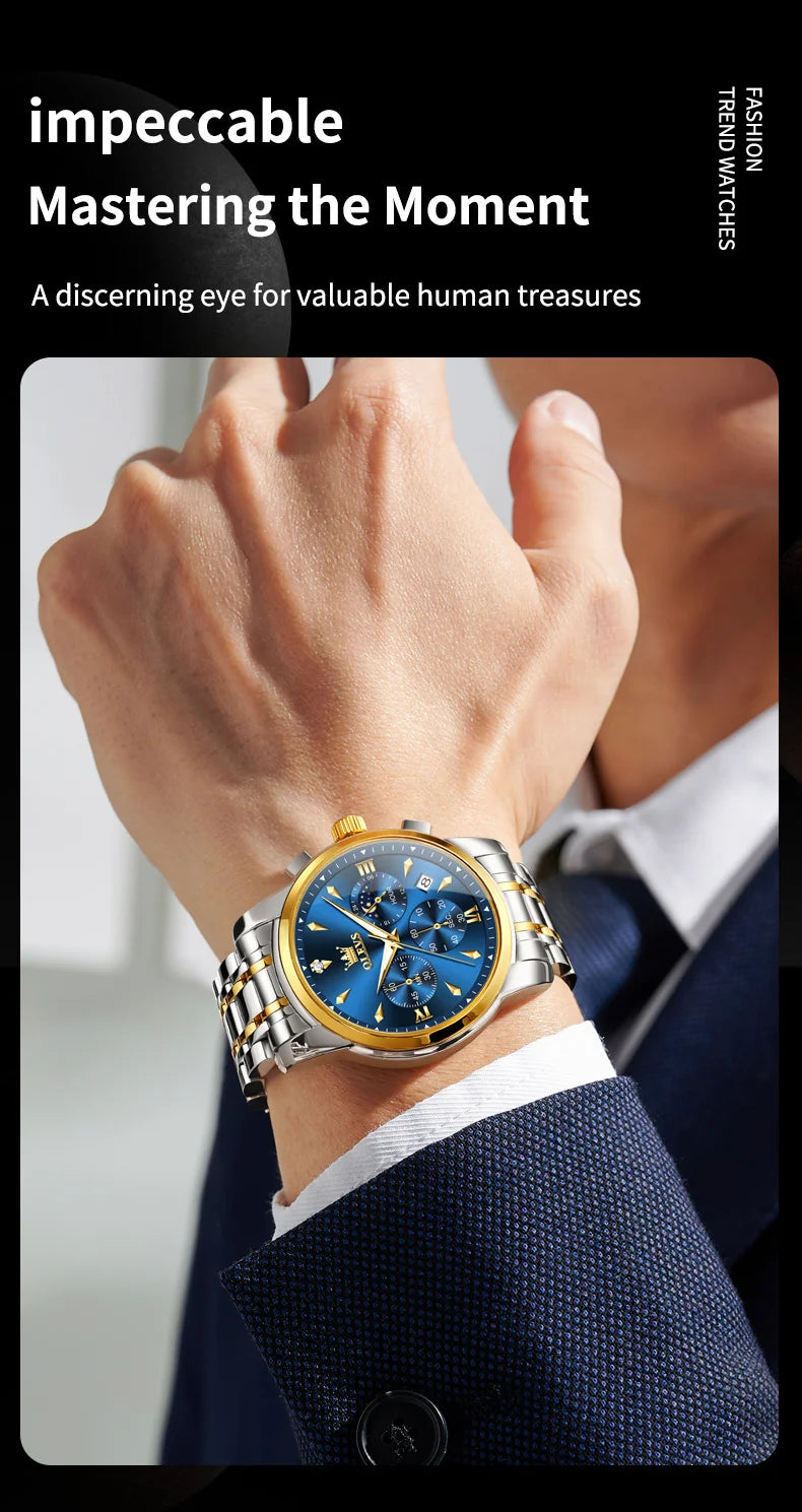 OLEVS 3639 Top Brand Original Luxury New Quartz Watch Stainless Steel Watch For Men Waterproof Luminous Moon Phase Mens Watch