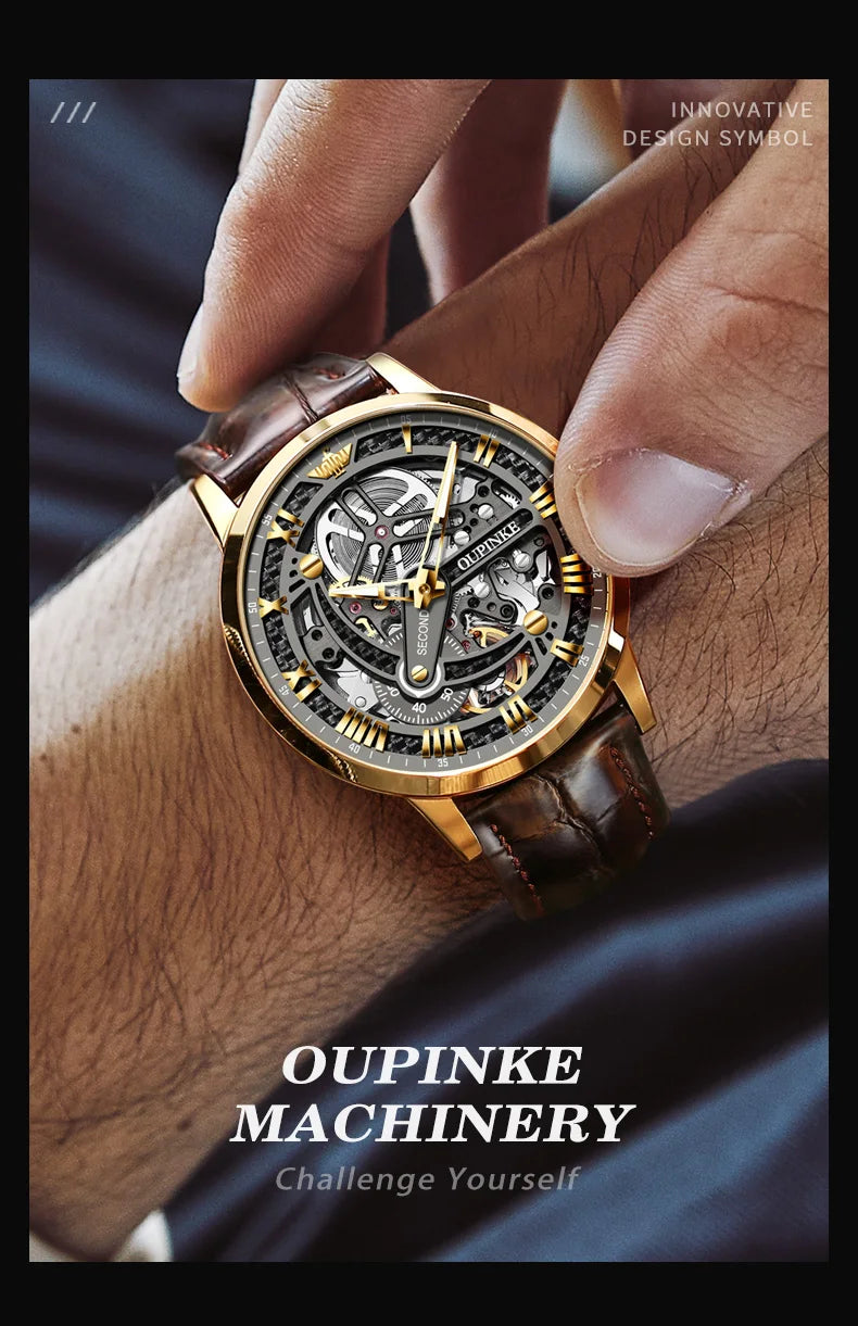 OUPINKE 3173 Skeleton Automatic Mechanical Watch Luxury Brand 50M Waterproof Watch Leather Strap Mens Watch Box Gifts Reloj