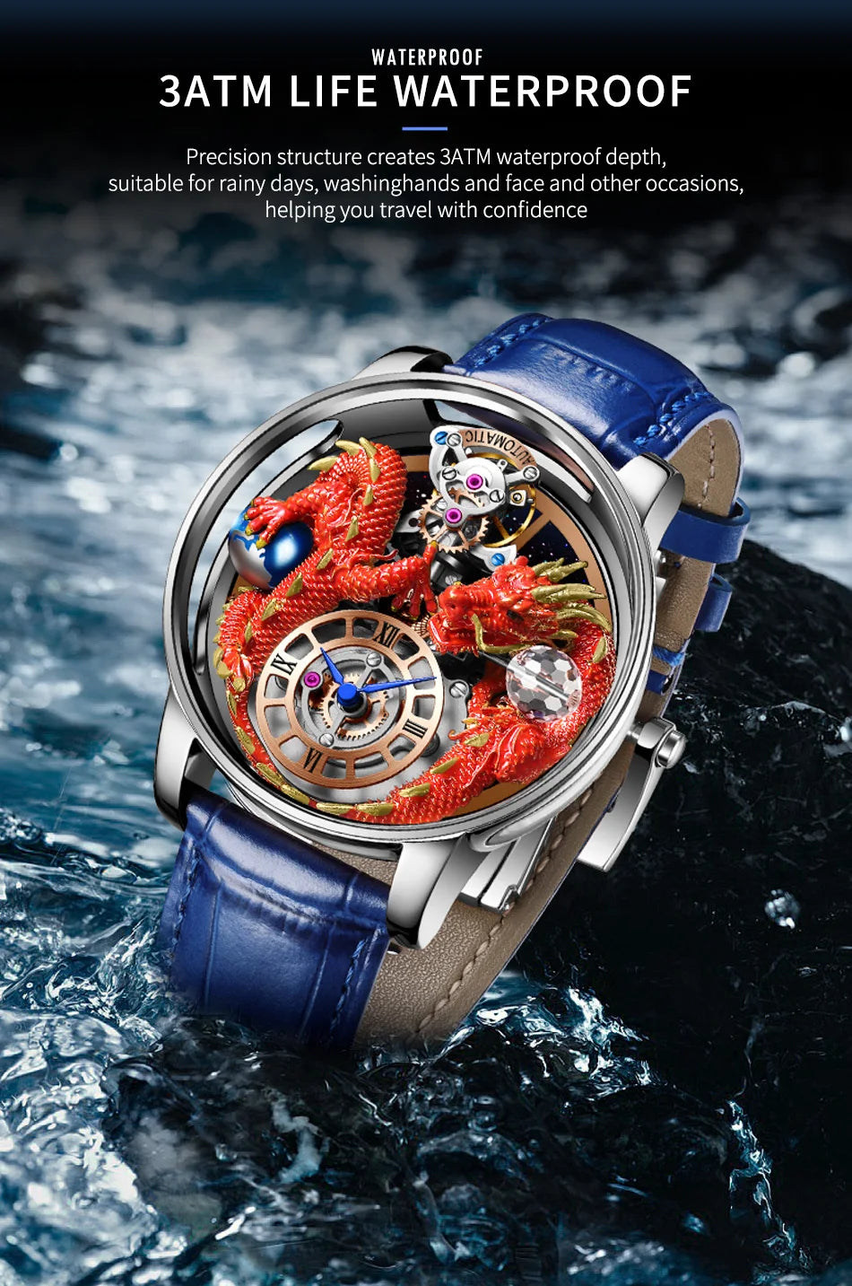 PINDU Design Celestial Body Series Traditionnelle Artisanat Three Dimensional Dragon Men Watch Curved Mirror Transparent Globe