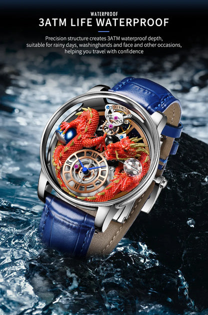 PINDU Design Celestial Body Series Traditionnelle Artisanat Three Dimensional Dragon Men Watch Curved Mirror Transparent Globe