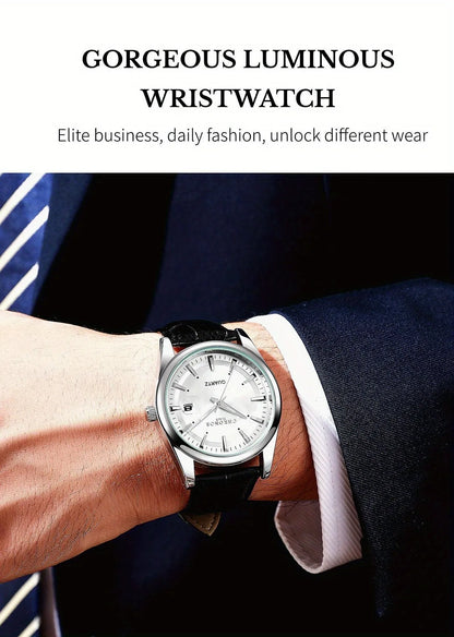CHRONOS Men Classic Quartz Wrist Watch with Calendar Luminous Dial Leather Strap Casual Business Leisure Outdoor Sports Watches
