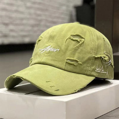 Unisex Asher Embroidery Broken Hole Iron Ring Baseball Caps Outdoor Adjustable Spring and Autumn Casual Sunscreen Hat