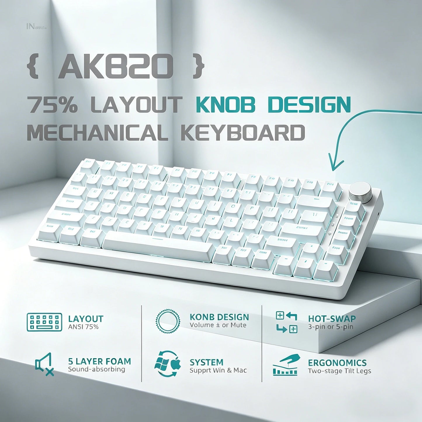 Tastiera meccanica cablata AJAZZ AK820 75%: hot‑swappable, retroilluminazione RGB/bianca/azzurro ghiaccio, controllo con manopola del volume | Per ufficio e gaming