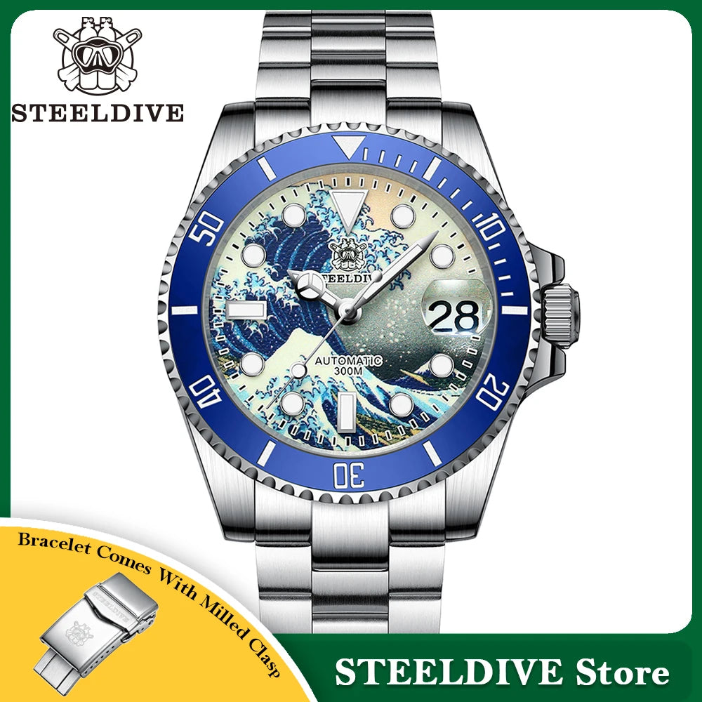 STEELDIVE New SD1953J 41mm Kanagawa Dial Sapphire Glass NH35 Automatic Movement 300M Waterproof Water Ghost Dive Watches For Men
