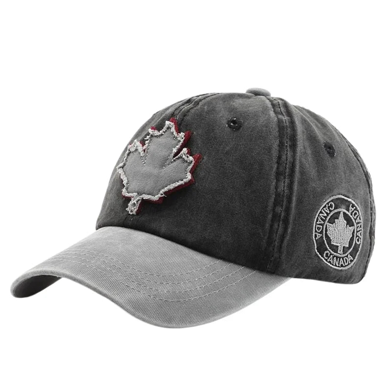 Casual Washed Denim Look Maple Leaf Patch Cap Adjustable Two Tone Outdoor Sport Baseball Hat for Daily Wear
