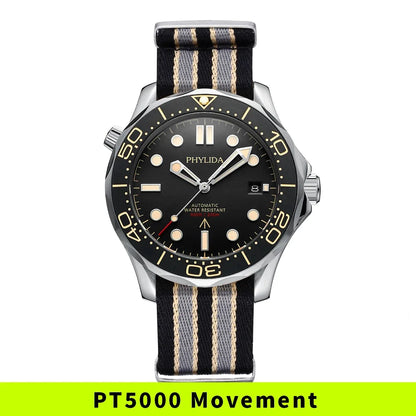 PHYLIDA Black Dial PT5000 MIYOTA Automatic Watch DIVER 200M 007 NTTD Style Sapphire Crystal Solid Bracelet Waterproof 20Bar