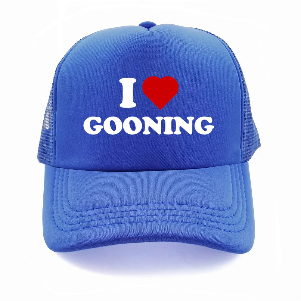 Juokingos „I Love Gooning“ beisbolo kepurės. Šaunios vasarinės vyriškos tinklinės kepurės. Humoro kupinos „Trucker“ stiliaus kepurės. Unisex lauko tinklinės kepurės MZ-080