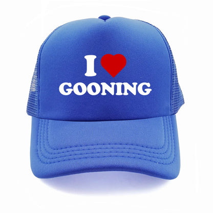 Juokingos „I Love Gooning“ beisbolo kepurės. Šaunios vasarinės vyriškos tinklinės kepurės. Humoro kupinos „Trucker“ stiliaus kepurės. Unisex lauko tinklinės kepurės MZ-080