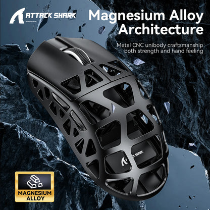 Mouse de gaming ATTACK SHARK R3 din aliaj de magneziu cu structură tip fagure, ultra-ușor, 8K Hz, senzor PAW3395, 26000 DPI, carcasă ergonomică