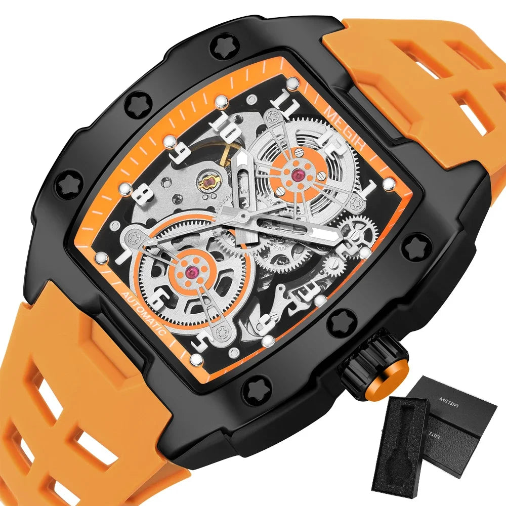 MEGIR Fashion Sport Alloy Case Men Mechanics Watch Waterproof Silicone Band Barrel Shaped Dial Luminous Pointer Man Wristwatches