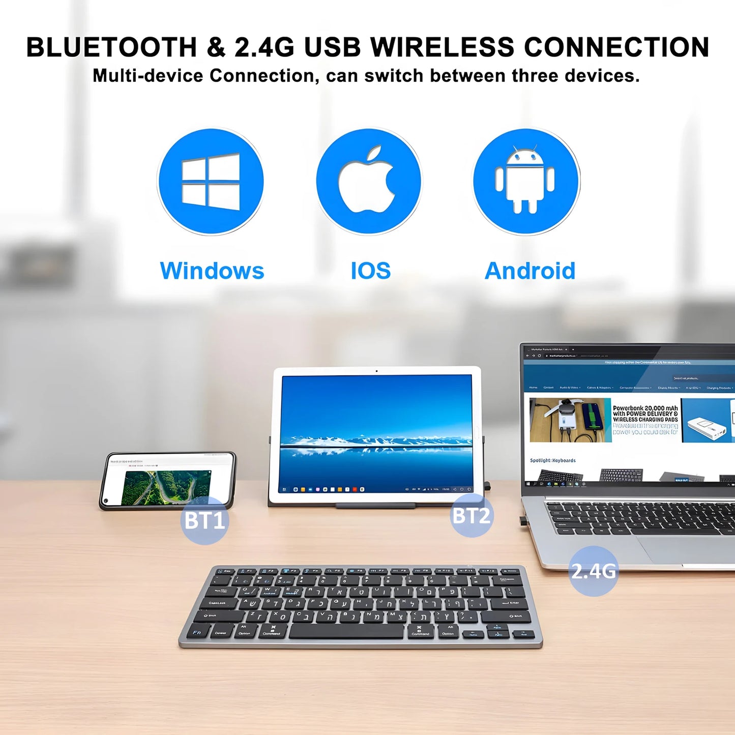 Tastiera wireless con layout ebraico-inglese Bluetooth e 2.4G Dual Mode, sottile, compatta ed ergonomica per Windows, iOS e Android