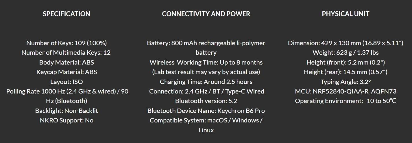 Tastiera wireless ultra-sottile Keychron B6 Pro layout ISO, formato completo, portatile e leggera, con connessioni 2.4GHz e Bluetooth