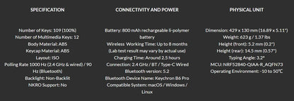 Tastiera wireless ultra-sottile Keychron B6 Pro layout ISO, formato completo, portatile e leggera, con connessioni 2.4GHz e Bluetooth