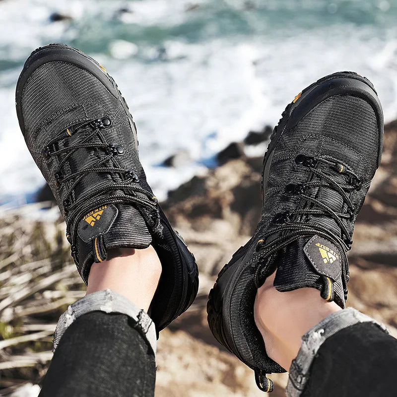 HIKEUP Zapatillas de senderismo para hombre de cuatro estaciones, calzado deportivo de exterior en cuero genuino resistente al desgaste, zapatos de escalada con suela de goma para trekking