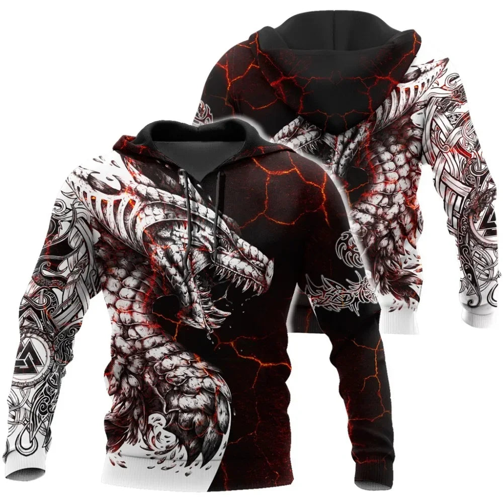Pánská mikina s kapucí Black & White Tattoo Dragon s 3D potiskem, unisex streetwear, na zip, ležérní bunda, tepláková souprava KJ0192