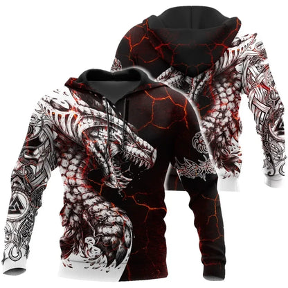 Pánská mikina s kapucí Black & White Tattoo Dragon s 3D potiskem, unisex streetwear, na zip, ležérní bunda, tepláková souprava KJ0192