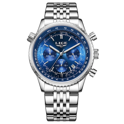 LIGE luxury men’s watch – Chronograph with date, stainless steel, water-resistant, luminescent, sporty and military style, men’s quartz watch