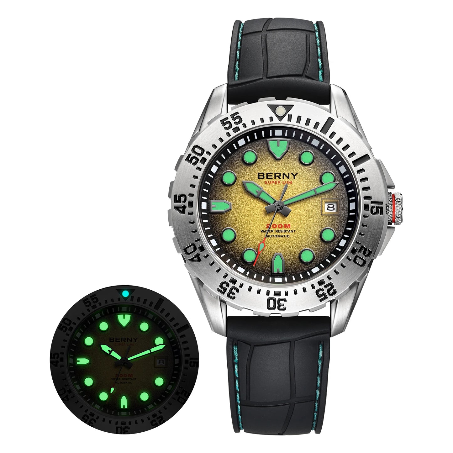 BERNY Automatic Diver Watch for Men Frosted Dial MIYOTA 8215 316L Supper Luminous Sapphire AR Fluororubber Men's Diving Watches