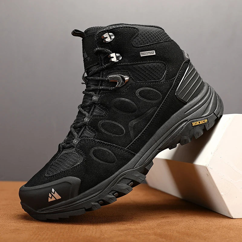 Botas de caminhada de cano alto HIKEUP para homem, calçado de inverno para exterior, com atacadores, antiderrapantes, desportivas casuais para trekking, impermeáveis, em camurça