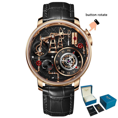 PINDU NEW TOP Quartz Watches Button oil Pump Business Men Wristwatches 45.5MM Sapphire Mirror Waterproof Leather Watch for Men