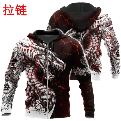 Pánská mikina s kapucí Black & White Tattoo Dragon s 3D potiskem, unisex streetwear, na zip, ležérní bunda, tepláková souprava KJ0192