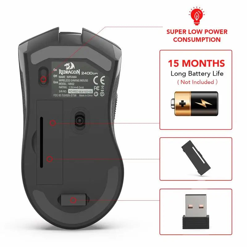 Bezdrôtová optická myš Redragon M652 2.4G s USB prijímačom, prenosná herná a kancelárska myš, 5 nastaviteľných úrovní DPI
