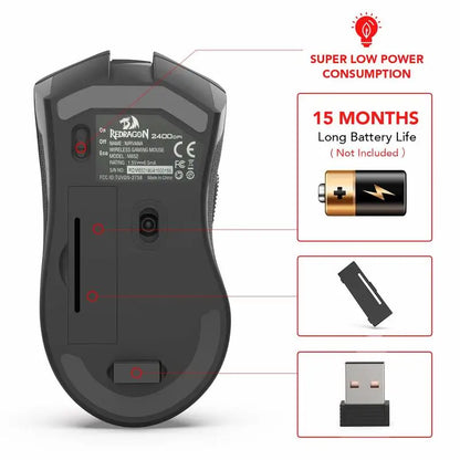 Bezdrôtová optická myš Redragon M652 2.4G s USB prijímačom, prenosná herná a kancelárska myš, 5 nastaviteľných úrovní DPI