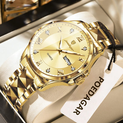 Relógio de homem POEDAGAR, modelo de luxo original, estanque, luminoso, com indicação da data e do dia, estilo elegante, caixa em aço inoxidável, movimento de quartzo, ideal para o trabalho.