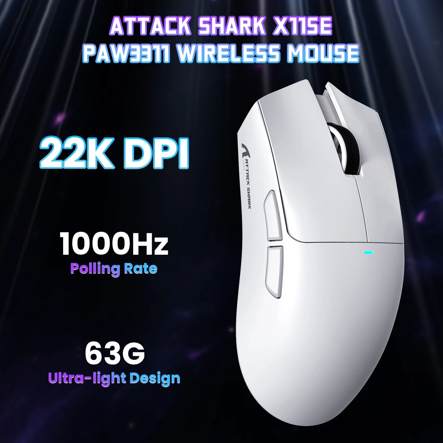 ATTACK SHARK X11SE trådlös gamingmus, tri-mode, 63g superlätt med PAW3311-sensor, 22000 DPI, 300mAh batteri, dubbel drivrutin