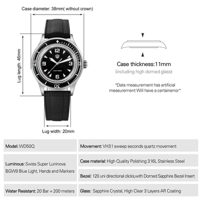 Watchdives WD50Q 38mm Watch Stainless Stee VH31 Sweep Seconds Quartz Movement Men Watches Bubble Sapphire Luminous Waterproof