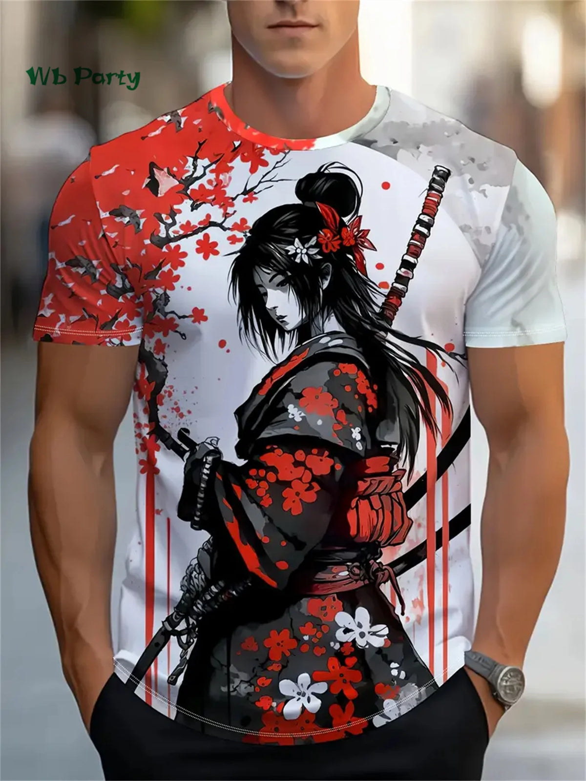 Maglietta da uomo con motivo Sakura Samurai - Maglietta a maniche corte ispirata agli anime giapponesi - Top Harajuku - Abbigliamento casual oversize estivo da uomo