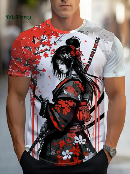 Maglietta da uomo con motivo Sakura Samurai - Maglietta a maniche corte ispirata agli anime giapponesi - Top Harajuku - Abbigliamento casual oversize estivo da uomo