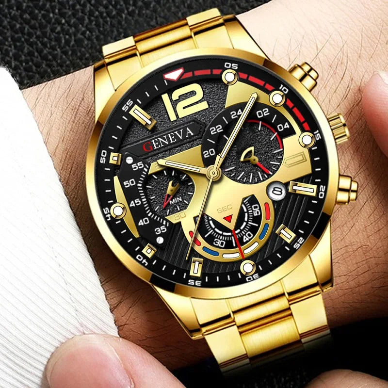 GENEVA Men's Creative  Six-Pin Watch Alloy Steel Band Quartz Watch Men Watch New Luxury  Men's Quartz WristWatch