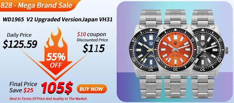 Watchdives WD1863 Watch VK63 Quartz Chronograph Movement Bubble Sapphire Crystal 100m Waterproof Luminous 39mm Vintage Watches